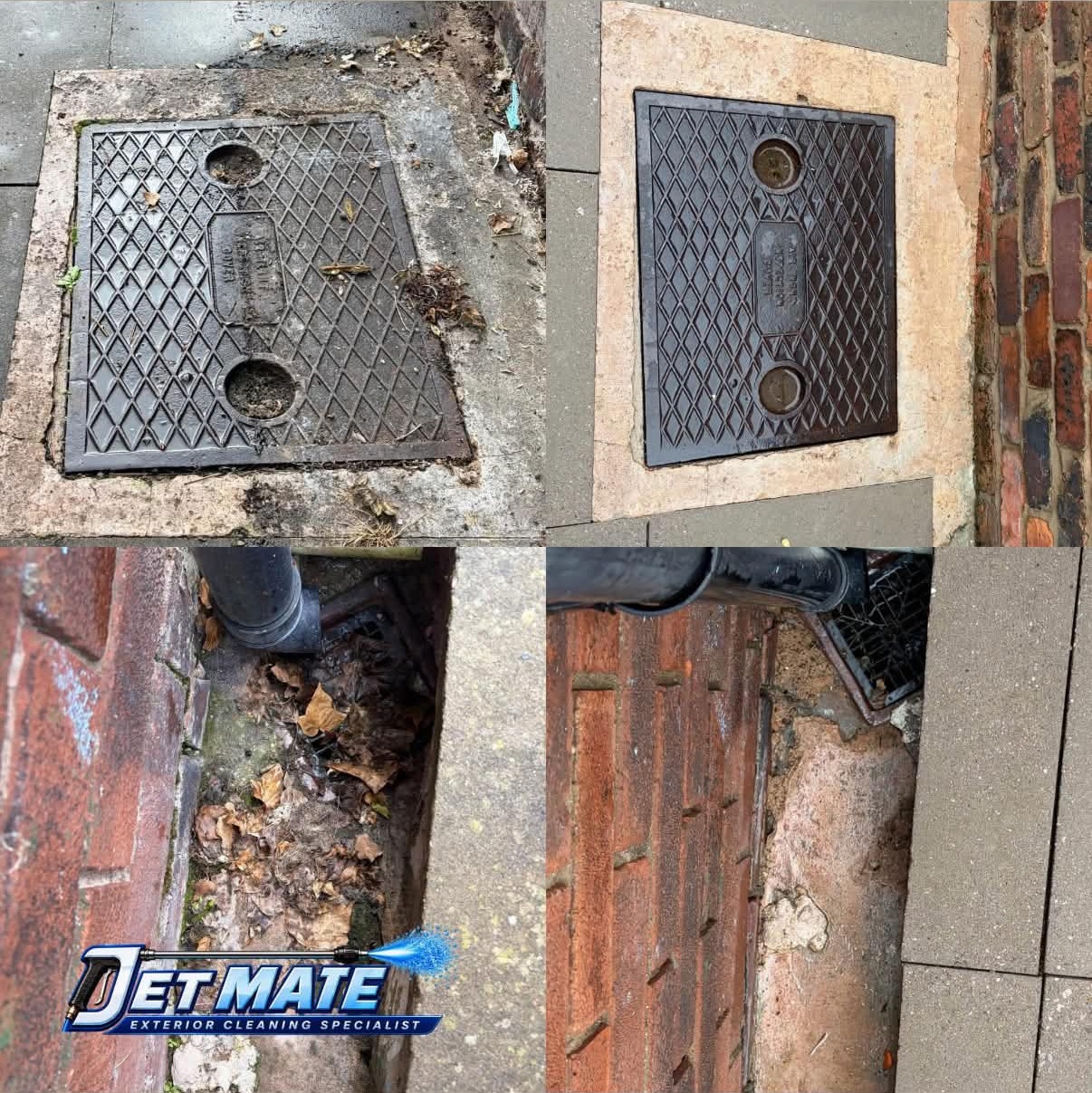 Before-and-after photographs showing cleaned paving around an access cover and drain