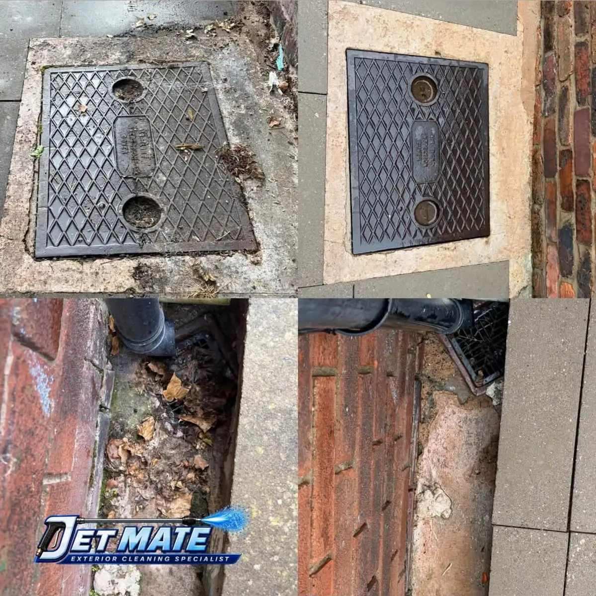 Paving around an access cover and drain, before and after JetMate cleaning
