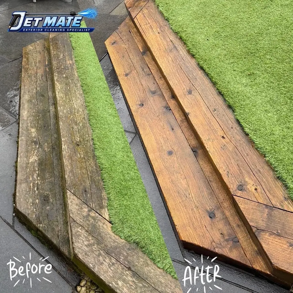 Real JetMate before-and-after photographs of cleaned garden timber